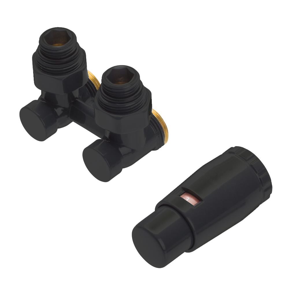 Комплект Schlosser Stabdard угловой G3/4*3/4 с термоголовкой MINI M30*1,5 + 2 Ниппеля, Ral 9005 matt