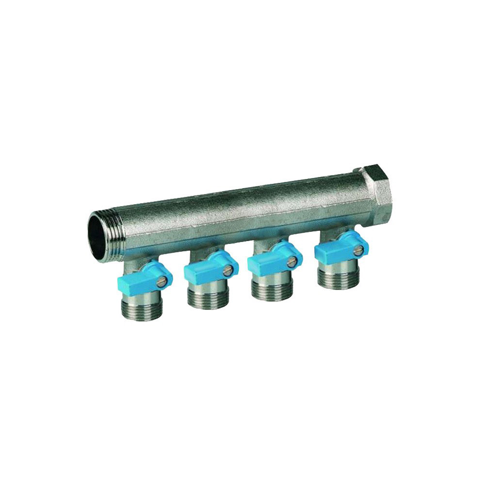 Коллектор 1" с синими шаровыми кранами, 3/4"НР под евроконус, 1" - 4xEK14,16,18,20, HENCO
